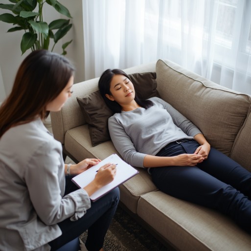 An Asian female hypnotherapist sitting beside a female client who is lying comfortably on a sofa, eyes closed and relaxed, while the therapist takes notes during an inner child healing hypnotherapy session.