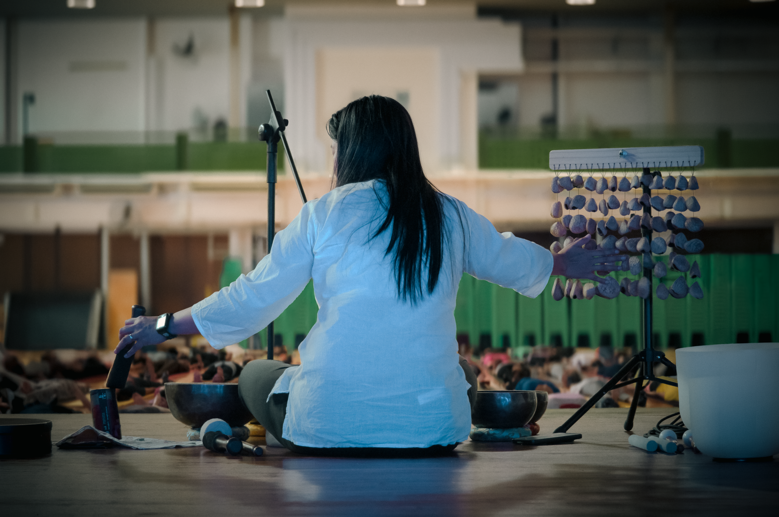 School sound bath or corporate sound bath for organisation wellness program designed to alleviate stress, fatigue, promoting good sleep and balanced mental wellbeing, as well as team bonding