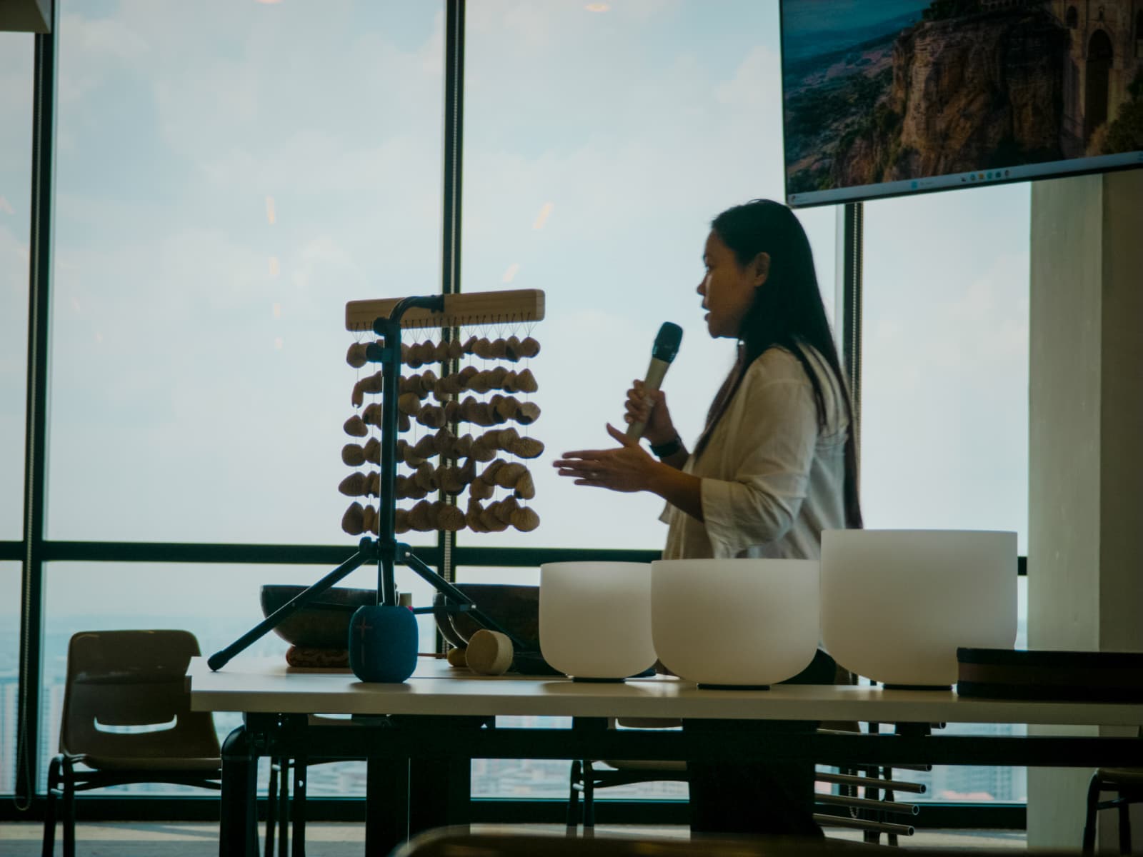 A speaker addressing an attentive audience during an interactive presentation on mental health and workplace wellness.